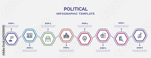 infographic template with icons and 8 options or steps. infographic for political concept. included political flag, election, health clinic, vote, political balance, checking, bribe icons.