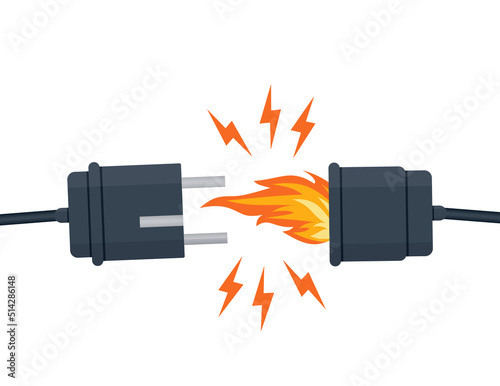 electric short circuit. Faulty damaged cable. Fire from overload. Electrical safety concept. Vector illustration flat design. Short circuit electrical circuit. Broken electrical connection.