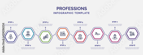 infographic template with icons and 8 options or steps. infographic for professions concept. included journalist, civil engineer, cashier, racer, archeologist, engineer, actuary icons.