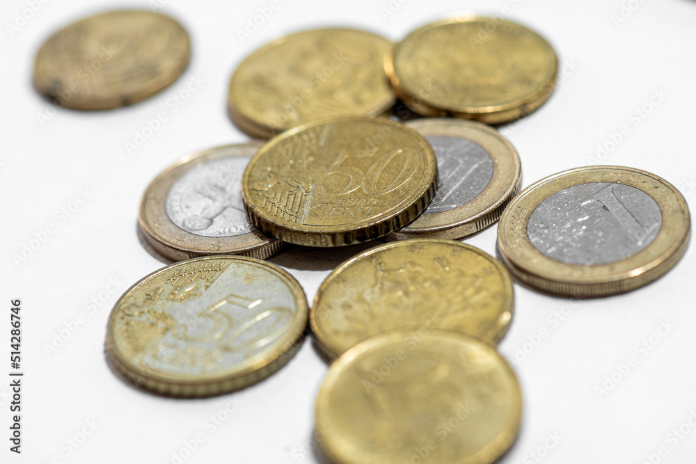Euro Coin stacks on a white background , Finance and banking concept.