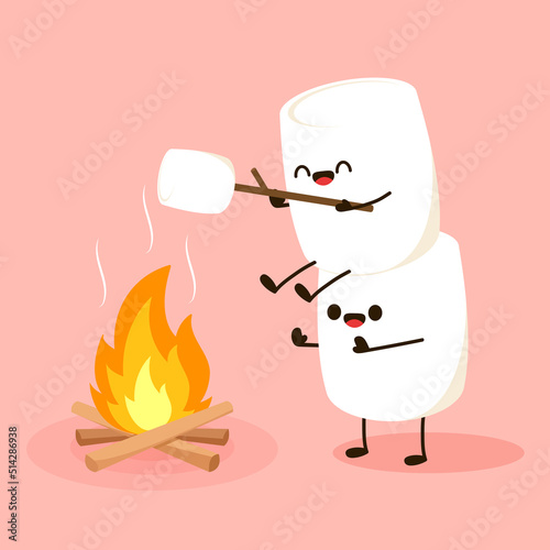 Marshmallow character. Marshmallow piece on skewer roasting on forest bonfire. bonfire vector. Marshmallow cartoon vector. 