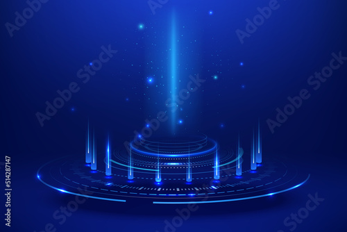 Glowing blue rings, futuristic elements, hologram, magic portal. Sci-fi digital hi-tech elements. Podium for teleportation or stage for presentation