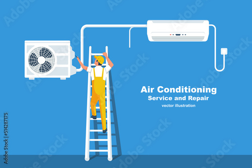 Air conditioning service landing page. Installation of air conditioner. Repairman character installing cold ventilation. Repair climate control. Vector illustration flat design. Isolated background.