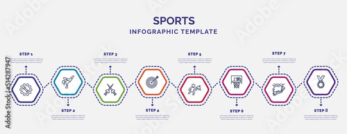 infographic template with icons and 8 options or steps. infographic for sports concept. included equipment, medieval fencing, bullseye, waiter falling, basketball basket, snow slide zone, golden