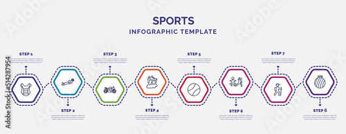 infographic template with icons and 8 options or steps. infographic for sports concept. included chest guard, motor sports, flying shoes, tennis sport ball, excercise, trekking, exercise ball icons.