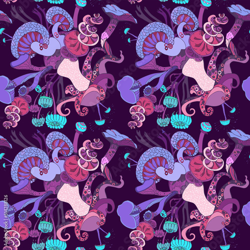 Fantasy seamless pattern with hand drawn colorful various mushrooms. Beautiful magic pattern, concept background. Vector illustration.