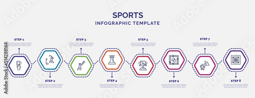 infographic template with icons and 8 options or steps. infographic for sports concept. included amonestation, bats man, tower from a chess, sport trophy, board gaming, adventure, dohyo icons.