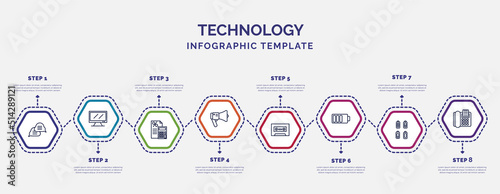 infographic template with icons and 8 options or steps. infographic for technology concept. included interaction, calculations, modern horn, caste tape, baterry, battery status, fax phone icons. photo