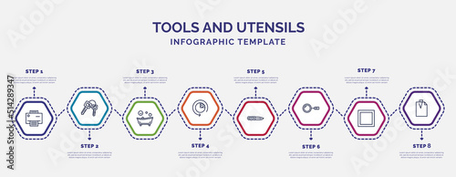 infographic template with icons and 8 options or steps. infographic for tools and utensils concept. included print button, bath tub, time left, penknife, magnifier, basic square, attachments icons.