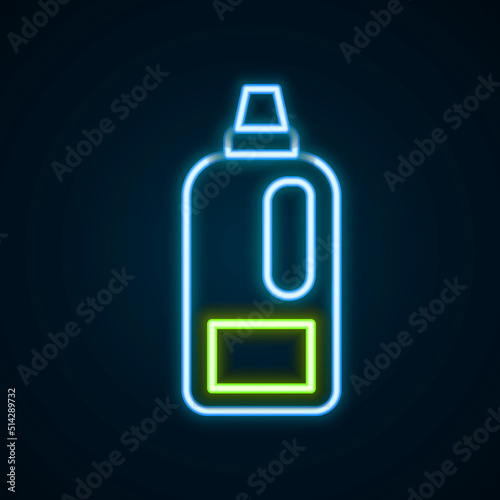 Glowing neon line Plastic bottle for laundry detergent, bleach, dishwashing liquid or another cleaning agent icon isolated on black background. Colorful outline concept. Vector