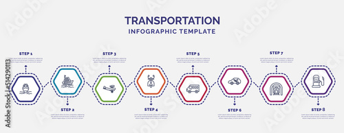 infographic template with icons and 8 options or steps. infographic for transportation concept. included boat front view, crop duster, scooter front view, minibus, eco-friendly transport, train in a
