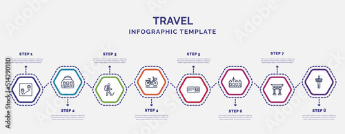 infographic template with icons and 8 options or steps. infographic for travel concept. included itinerary, backpacker, bike with front basket, bus ticket, vaticano, torii, control tower icons.