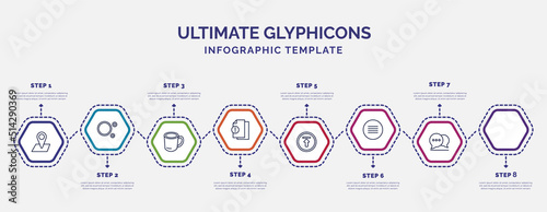 infographic template with icons and 8 options or steps. infographic for ultimate glyphicons concept. included big map placeholder, big cup, groceries shop, exclamation file, upload arrow with bar,