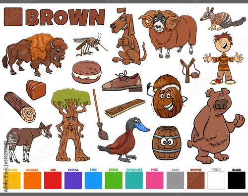 set with cartoon characters and objects in brown