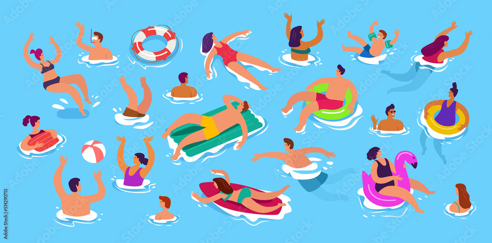 People rest and swim in sea. Swimming tourists in swimming pool of resort hotel in beach season. Vector illustration People rest and swim in sea. Swimming tourists in swimming pool of resort hotel in beach season. Vector illustration