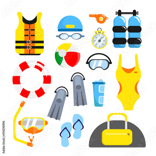 Set of equipment beach lifeguards in cartoon style. Vector illustration of bag, swimsuit, life buoy, life jacket, whistle, air tanks, fins, diving goggles, beach ball on white background.