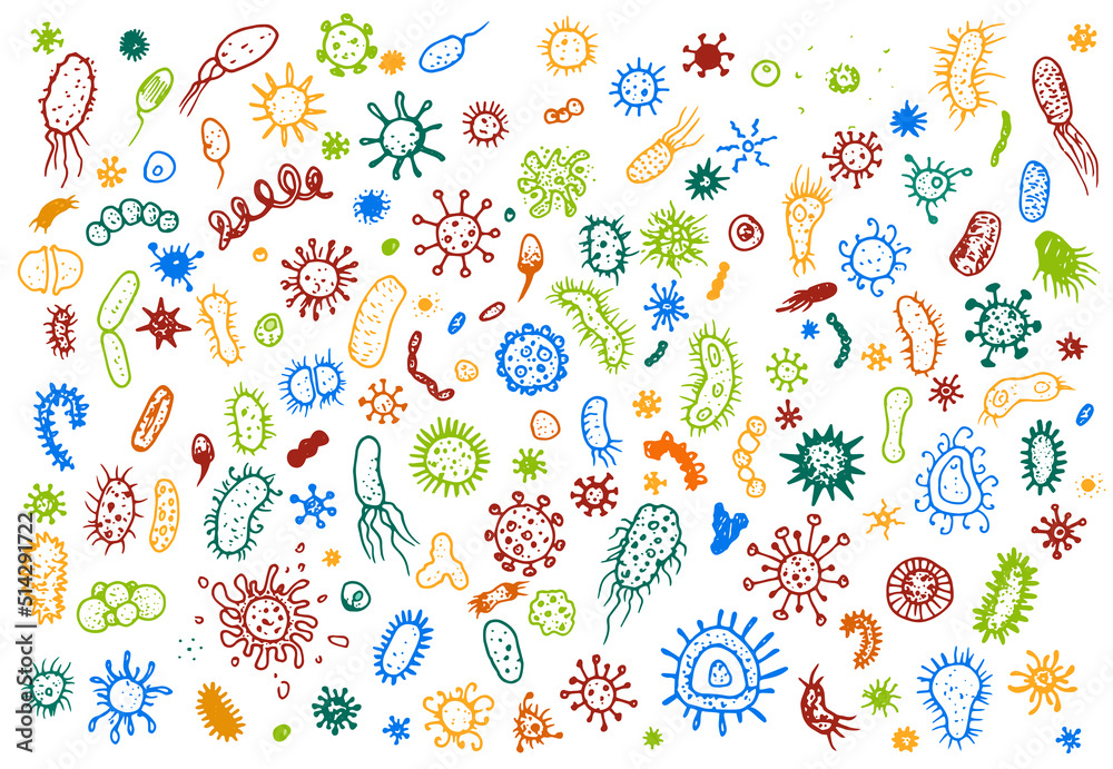 Vector set of microbes and bacteria in red, green and blue colors isolated contour. A large set of isolated microbes in a flat style of a multicolored outline on white for a design template