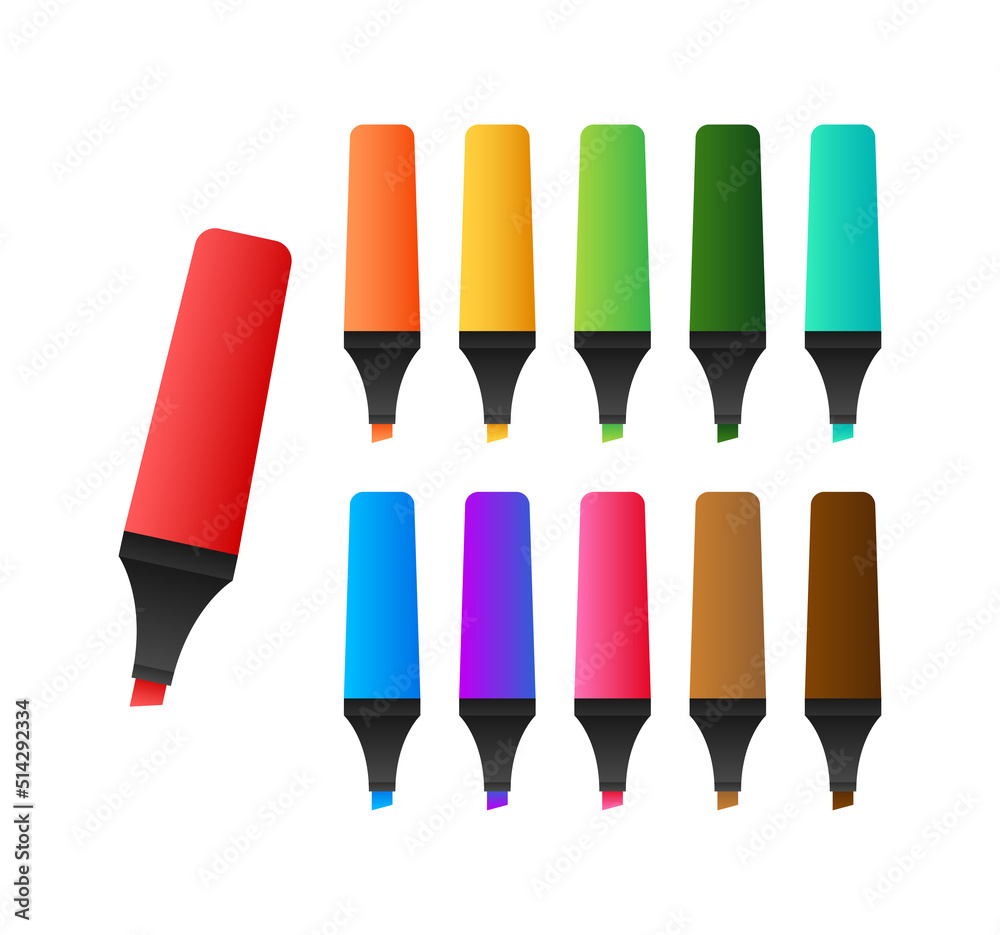 Highlighter pen marker set. School tools. Office supplies. Vector stock illustration. - obrazy, fototapety, plakaty 