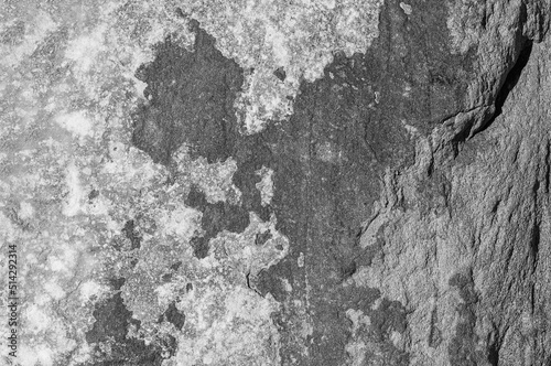 Gray stone old wall with white spots and other patterns. Textured stone background is gray and white.