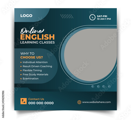 Modern social media post ads banner design template for online english language learning course facebook post, instagram post ad