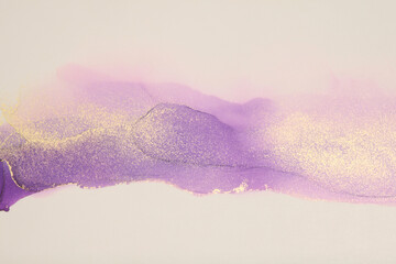 Art Abstract watercolor marble smoke blot painting. Violet, beige and gold Color canvas texture horizontal background. Alcohol ink.