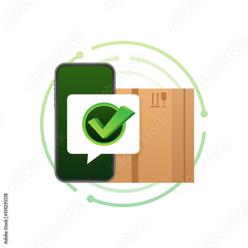 Delivery order confirmation. Online delivery and shipping service. Box icon and approved. Vector stock illustration.