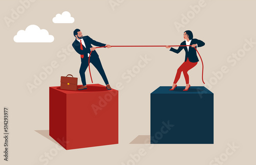 Businesswoman and businessman pull rope. Strong competition.