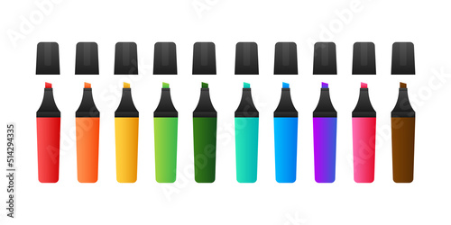 Highlighter pen marker set. School tools. Office supplies. Vector stock illustration. photo