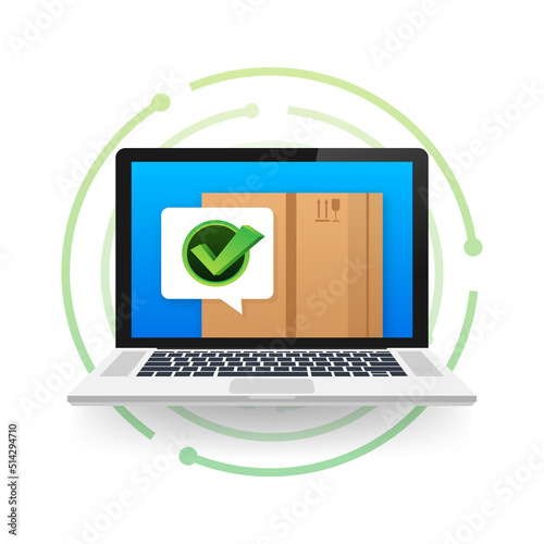 Delivery order confirmation. Online delivery and shipping service. Box icon and approved. Vector stock illustration.