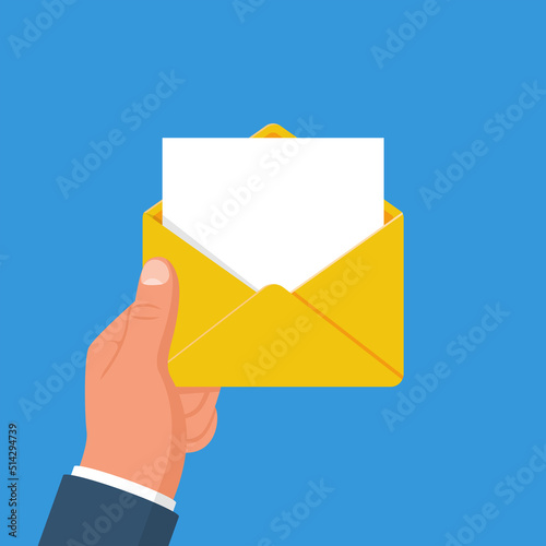 Envelope holding in the hand. Email message concept, sending. Postman gives a letter. Delivery of messages. Vector illustration flat design. Isolated on white background. Email, correspondence.