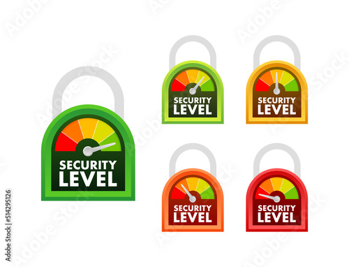 Security level speedometer. Cyber safety concept. Internet network security. Vector stock illustration