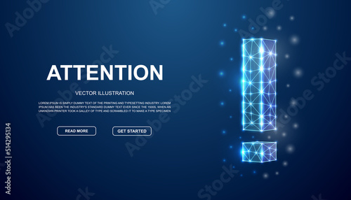 Exclamation mark 3d low poly symbol with connected dots for blue landing page. Alert design illustration concept. Polygonal Attention illustration