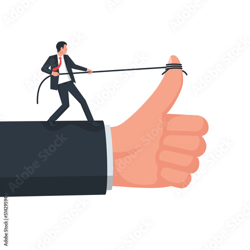 Hard work for good feedback. The businessman likes like. The businessman likes. Pull the rope to raise the thumb up. Vector illustration flat design. Isolated on white background.