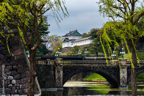 Photography a Japanese castle with weeping willows and a bridge in the foreground
