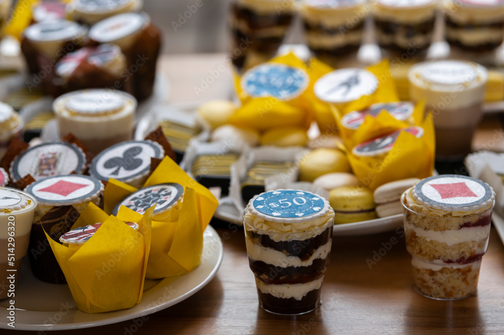 cakes sweets candy bar for guests in the restaurant on the catering table