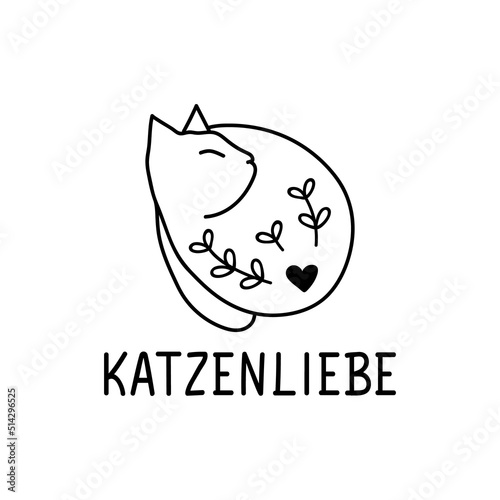 Katzenliebe. Translation from German: Cat love. Lettering. Ink illustration. Modern brush calligraphy.