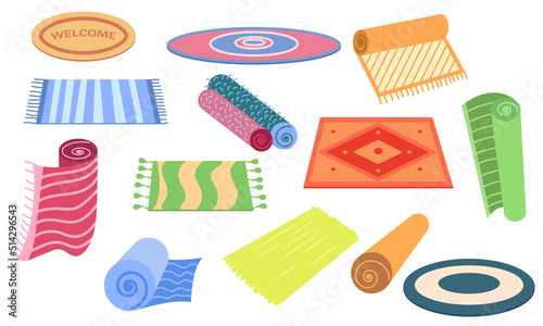 Carpet or cozy mat cartoon floor decoration interior. Round rug or roll cloth rag fabric vector illustration. Indoor room decorative set fabric element. Flooring ornament isolated icon and doormat
