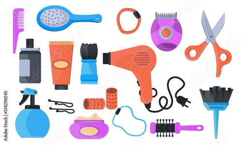 Hairdresser accessories comb and dryer. Beauty hairdryer salon tool and color hair element design vector illustration. Hairstylist equipment background with barbershop scissors or brush kit instrument