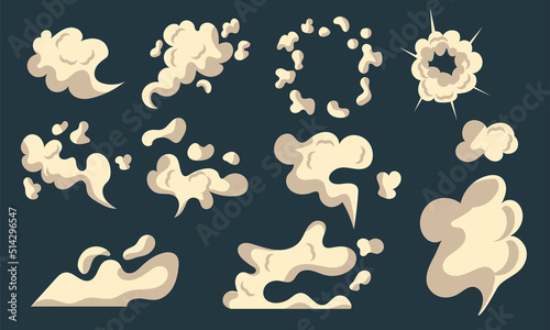 Bubble explode smoke poof and cloud blow effect. Wind with cartoon gray fog and boom dust vector illustration. Puff icon and air cloudy element. Fume comic explosion and set vapor storm isolated