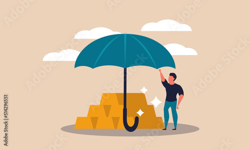 Insurance and cover money with risk and savings weather. Business invest and protection retirement vector illustration. Safety and security with umbrella shield wealth. Crisis problem and claim