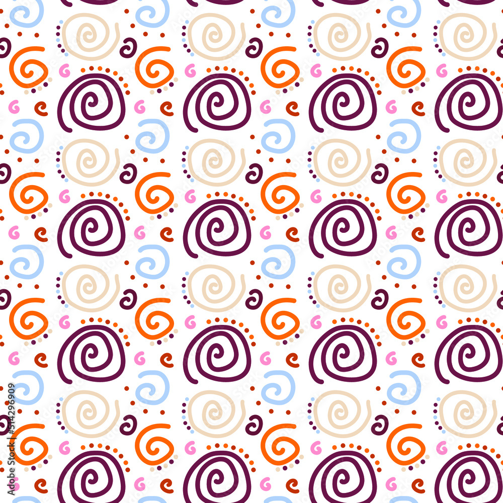Abstract pattern of pink, orange, blue handwritten spirals and dots. Vector seamless image on a transparent background.