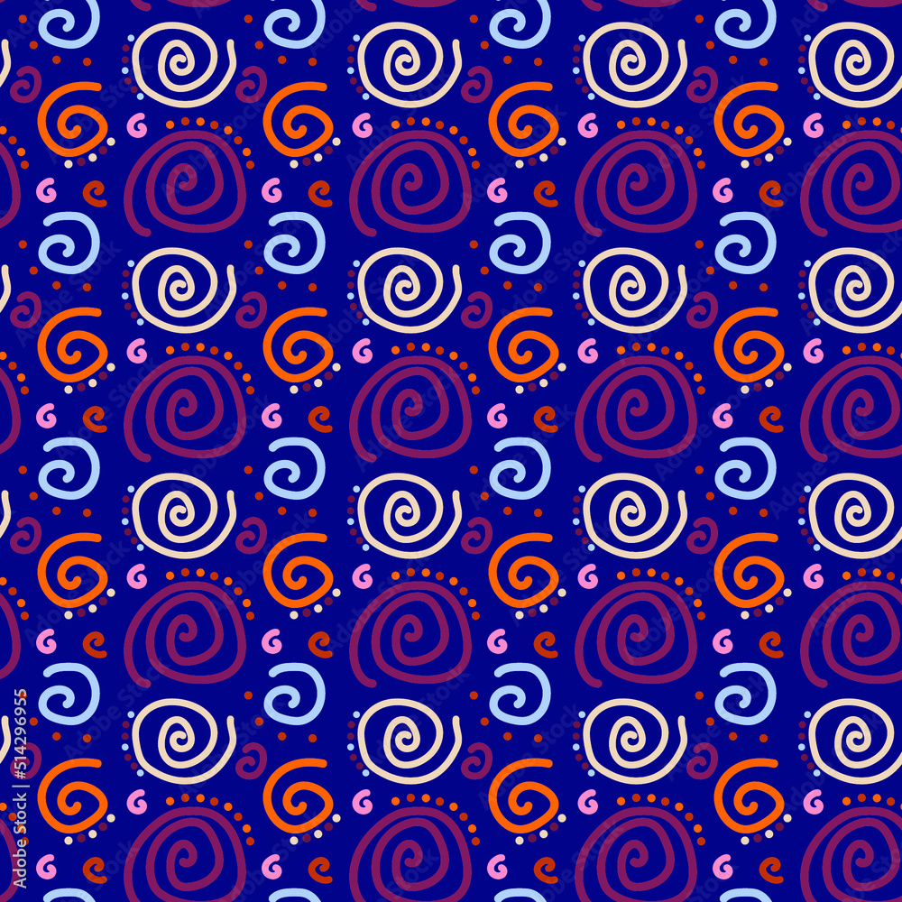 Abstract pattern of pink, orange, blue handwritten spirals and dots. Vector seamless image on a blue background. Abstract pattern of pink, orange, blue handwritten spirals and dots. Vector seamless image on a blue background.