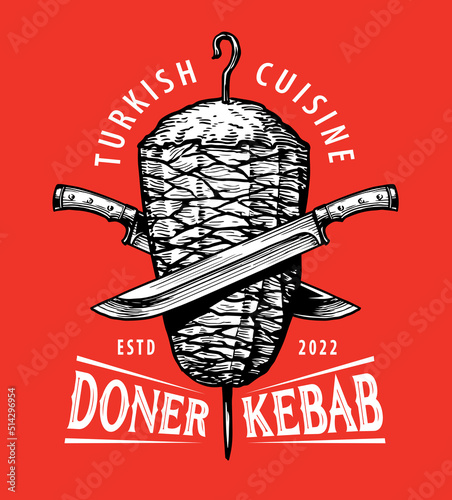Kebab, grilled meat poster vector. Turkish and Arabic fast food restaurant or grill cafe emblem