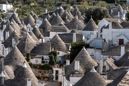 Scenic view over the historic Trulli district in Alberobello, Southern Italy