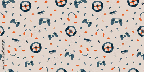 Fototapeta Naklejka Na Ścianę i Meble -  Video gaming pattern. Game console background. Videogaming seamless pattern. Hand drawn computers game print, paper, vector illustration.