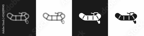Set Inflatable boat with outboard motor icon isolated on black and white background. Vector