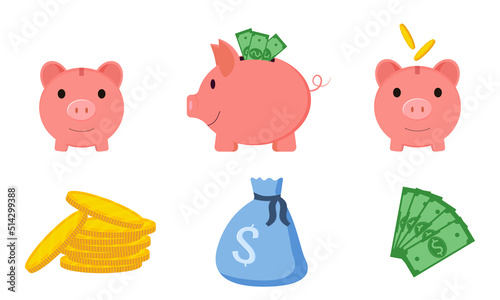 Set with Pink Piggy bank and different money 