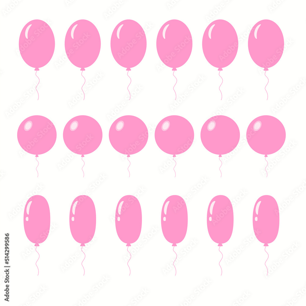 Bunch of balloons for birthday and gender party. Different flying ballons rope. pink balls and hearts on white background with lettering it's a girl! Balloon in cartoon style