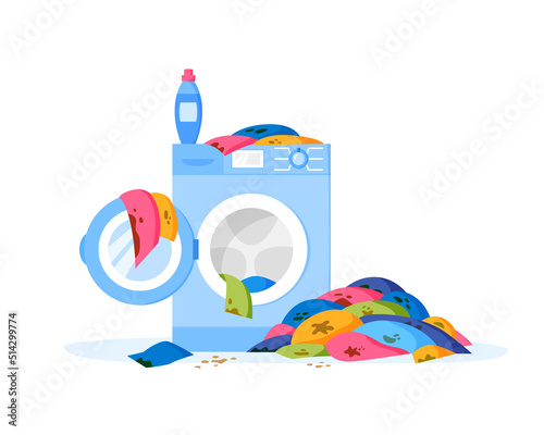 Pile of dirty clothes on floor. Washing machine and liquid detergent bottle. Heap of dirty laundry. Stack of dirty apparel on laundry day. Flat illustration.