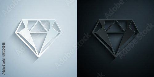 Paper cut Diamond icon isolated on grey and black background. Jewelry symbol. Gem stone. Paper art style. Vector